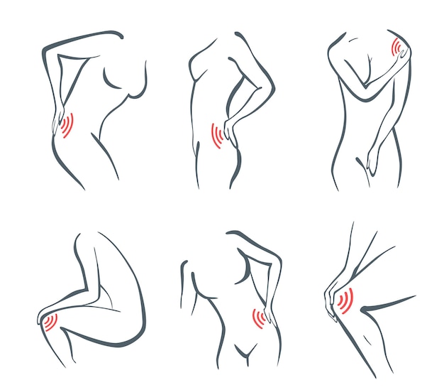 신체 부위 통증 세트 여자는 빨간색 선 아이콘이 있는 신체의 다른 부분에 통증 위치를 느낀다.