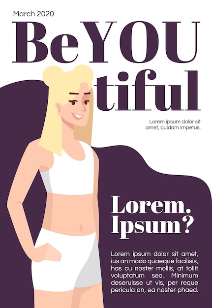 Body positieve tijdschrift voorbladsjabloon. tijdschrift mockup ontwerp. feminisme. vectorpagina-indeling, plat karakter. vrouw met blond haar. vrouw met sproeten reclame cartoon afbeelding, tekst ruimte