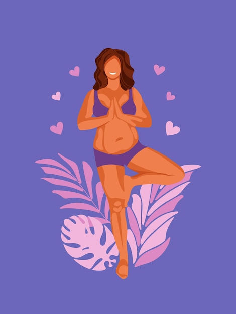 Vector body positive acceptance of yourself plus size beautiful curvy happy girl is engaged in yoga