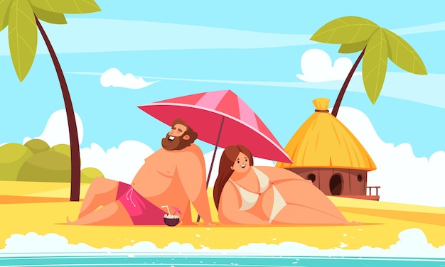 ビーチで傘の下に横たわっている幸せなぽっちゃり男と女とボディポジティブ漫画イラスト