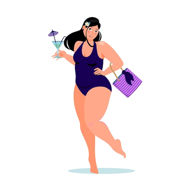Body-positive chubby girl in a swimsuit with a cocktail and a purse.