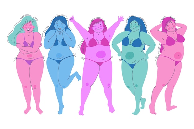 Body positive fat веселые счастливые молодые девушки в купальниках динамические движения счастье эмоции