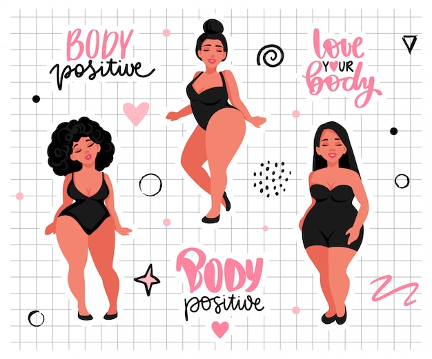 Body positive, feminism sticker collection. love your body activists slogan, woman motivational phrase