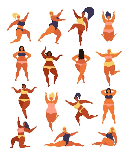 Body positive girl power and feminism illustration happy plus size girl wearing swimsuit