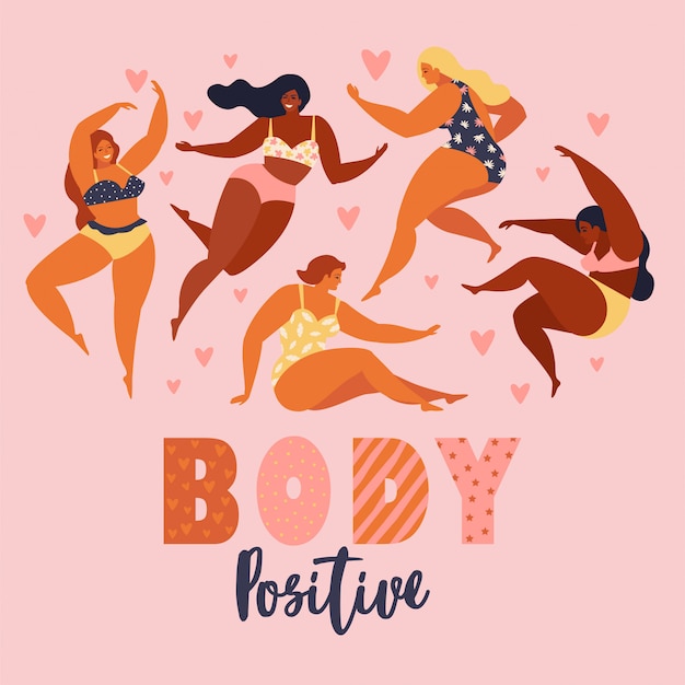 Body positive. happy plus size girls and active healthy lifestyle.