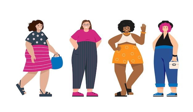 Body positive happy women or girls dressed in trendy summer clothes