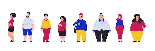 Vector body positive overweight men and women suffer from obesity people on unhealthy cholesterol diet plus size persons with weight acceptance standing in row vector obese characters set