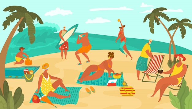 Vector body positive people on sea beach playing ball, sun bathing on sand, surfing and drinking coctails, palms flat   illustration.