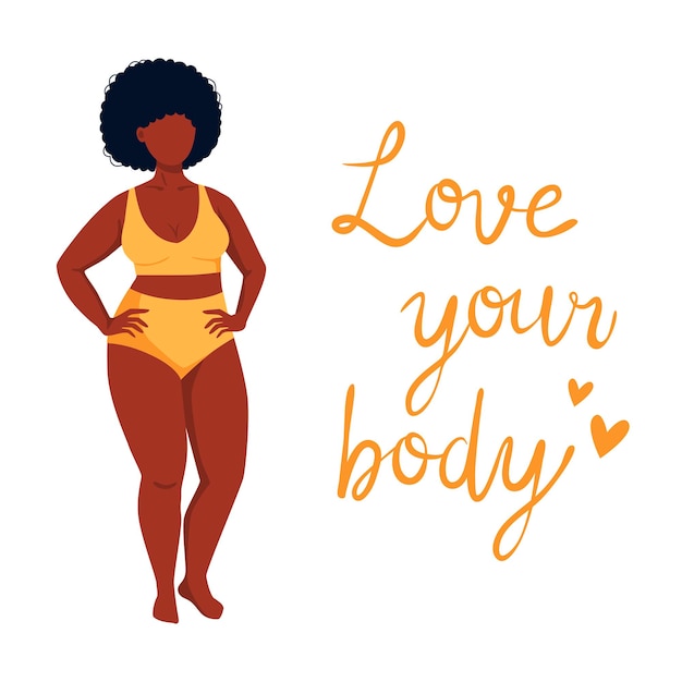 Vector body positive poster with trendy hand drawn lettering love your body female characters feminism quote