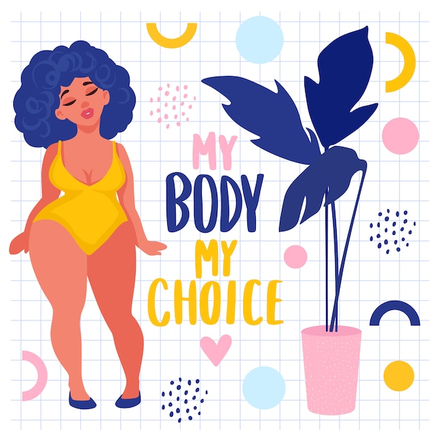 Body positive stickers. Plus size Woman dressed in swimsuits.