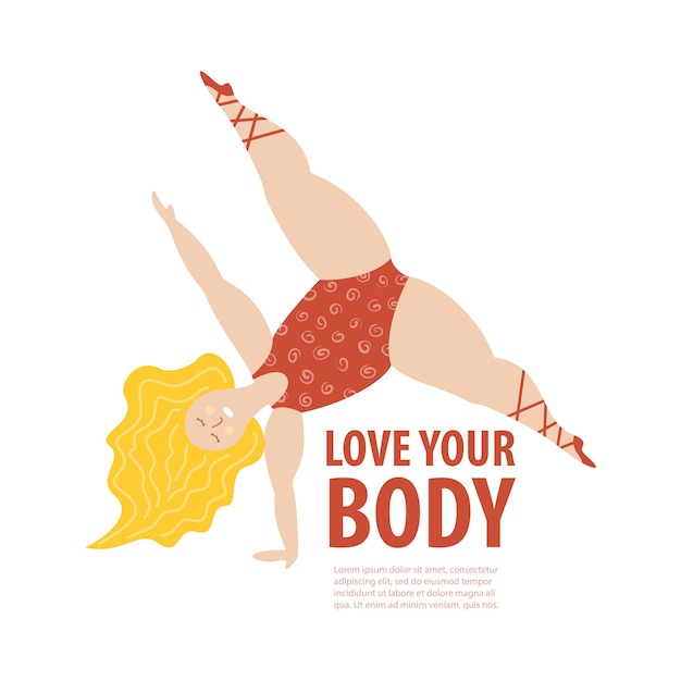 Body positive template. Plus size ballerina with yellow hair. Flat vector illustration isolated on white background.