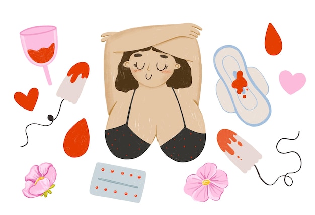 body positive woman cartoon menstruation period products tampo
