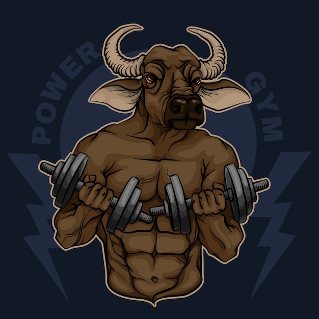 Bodybuilder minotaur with dumbbells. power gym