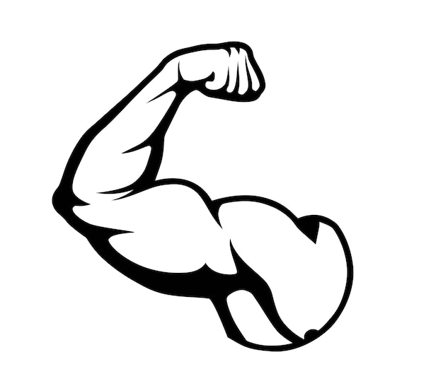 Bodybuilder muscle flex arm vector illustration. Strong macho biceps gym flexing hand vector icon