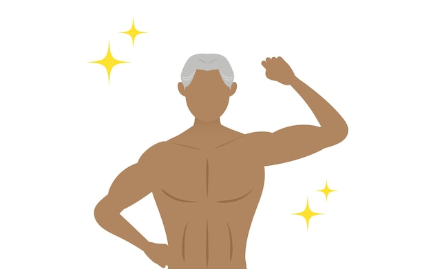 Vector bodybuilder senior man poseren met één hand een power hobbel maken