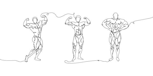 Bodybuilder set one line art Continuous line drawing sport fitness man musculature strength