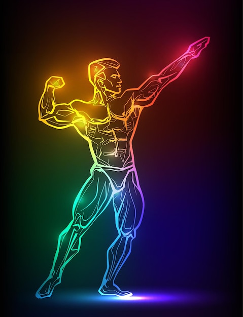 Bodybuilder spier man fitness poseren Illustratie met neon silhouet van man figuur