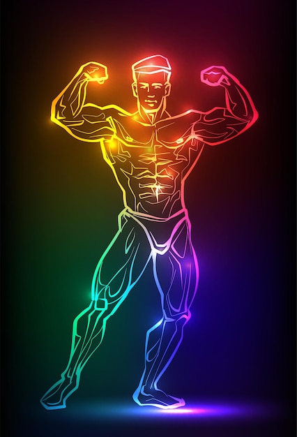 Bodybuilder spier man fitness poseren Illustratie met neon silhouet van man figuur