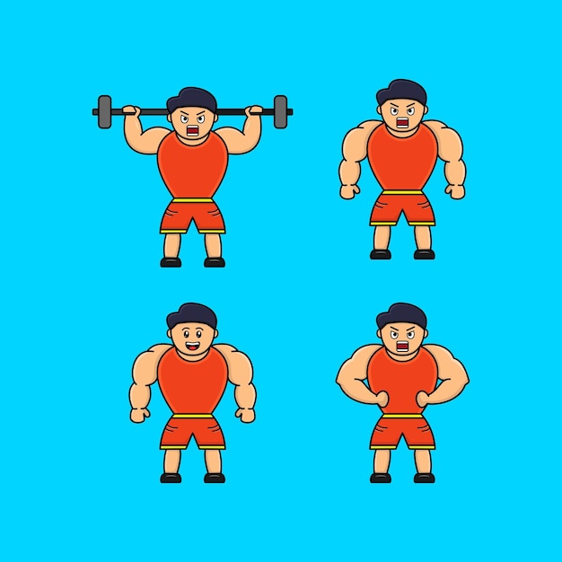 Vector bodybuilder stripfiguur. grappige sterke man die spieren toont.