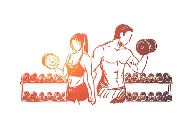 Vector bodybuilders couple working out in gym, weight lifting exercise illustration