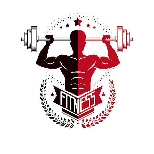 Bodybuilding and fitness sport logo templates, retro style vector emblem. With bodybuilder silhouette.