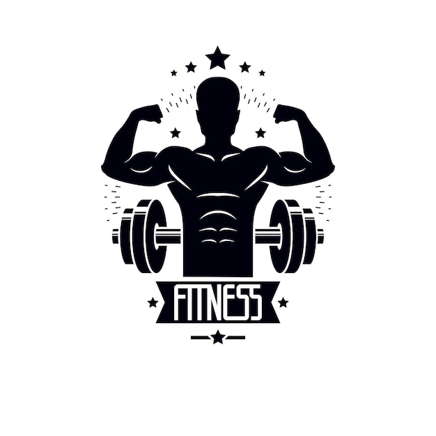 Bodybuilding and fitness sport logo templates, vintage style vector emblem. With bodybuilder silhouette.