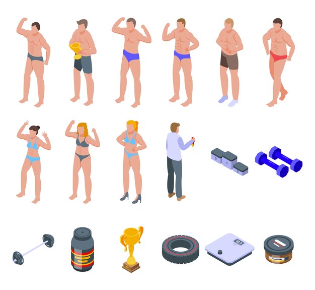 Bodybuilding icons set. Isometric set of bodybuilding  icons for web  isolated on white background