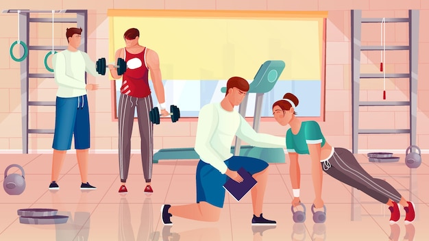 bodybuilding trainer flat composition with indoor gym interior characters of trainers and athletes with gymnastic apparatus illustration