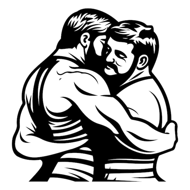 Бодибилдинг Два сильных мужчины обнимаются Векторная иллюстрация готова к резке винила