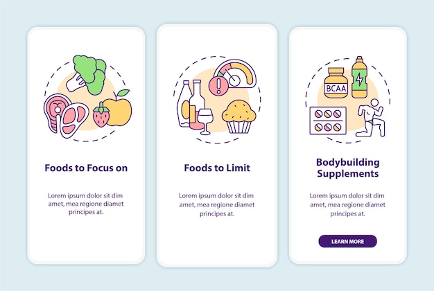 Bodybuilding voeding onboarding mobiele app scherm. Fitness walkthrough 3 stappen grafische instructiepagina's met lineaire concepten. UI, UX, GUI-sjabloon. Myriad Pro-Bold, reguliere lettertypen gebruikt