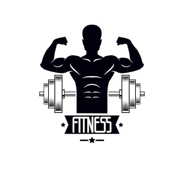 Bodybuilding weightlifting gym logotype sport template, retro stylized vector emblem or badge. With bodybuilder silhouette.
