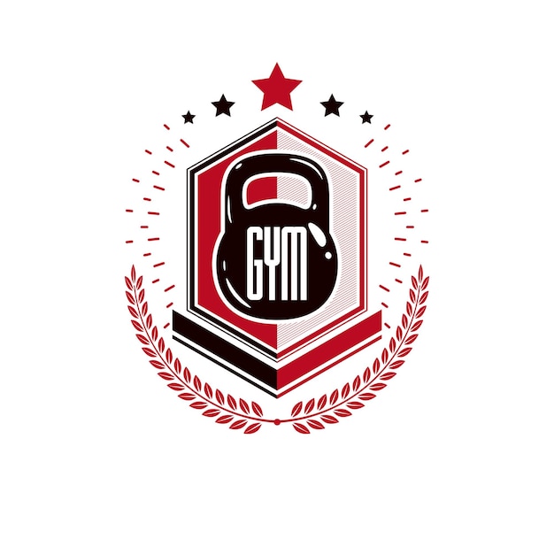 Bodybuilding weightlifting gym logotype sport template, vintage style vector emblem. with kettlebell.