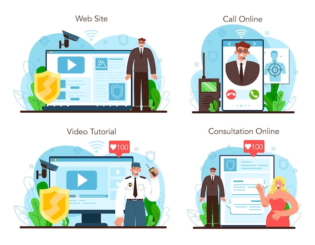 ボディーガードのオンラインサービスまたはプラットフォームセット。顧客またはオブジェクトの監視と保護。制服を着た警備員。オンライン相談、電話、ビデオチュートリアル、ウェブサイト。ベクトルフラットイラスト