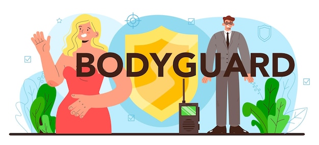 Bodyguard typographic header. surveillance and ptrotection of a customer or an object. security guard in uniform. guard department monitoring a cctv. vector flat illustration
