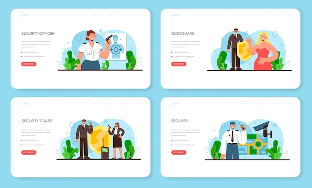 보디가드 웹 배너 또는 방문 페이지 세트. 고객 또는 물체에 대한 감시 및 보호. 제복을 입은 경비원. Cctv를 감시하는 경비대. 벡터 평면 그림