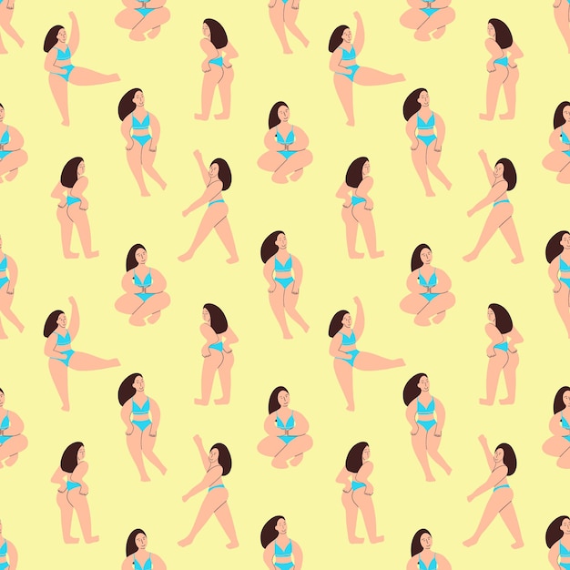 Vector bodypositive girls seamless pattern. a curvy model shows off her body. vector illustration