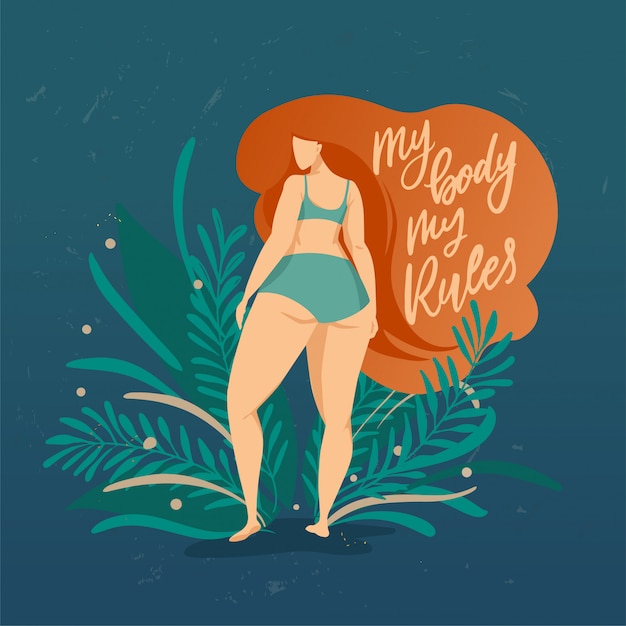 Vector bodypositive poster met trendy handgetekende letters my body mu rules. meisje met mooie haren tegen een achtergrond van groene bladeren en planten. vrouwelijke personages. feminisme citaat