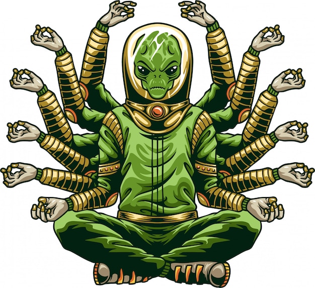 Vector boeddha alien doet yoga