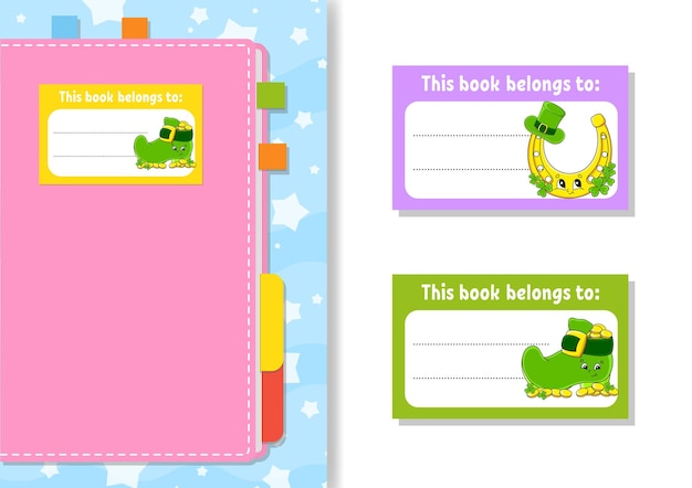 Boek label stickers voor kinderen de rechthoekige vorm stripfiguur voor het dagboek notebook boek geïsoleerd op witte achtergrond vector illustratie