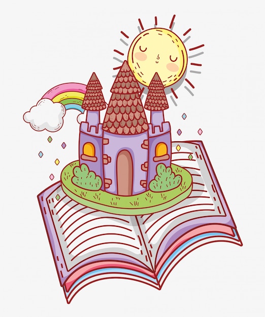 Boek literatuur met zon en kasteel met regenboog