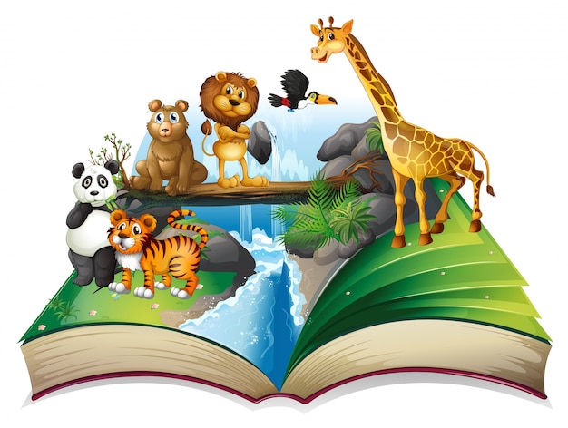 Boek met wilde dieren bij waterval