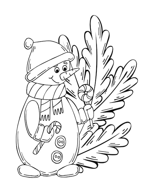Boek sneeuwpop sparren tak lijntekeningen Cute winter karakter in hoed met lollies Hand getekende zwart-wit vectorillustratie kleuren