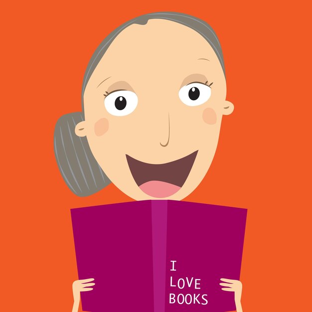 Boekconcept wereldboekdag Oudere vrouw die een boek leest Vector Illustratie