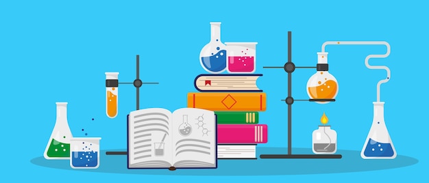 Boeken, chemisch onderzoekslaboratorium en wetenschappelijke apparatuur. Onderwijs en chemie concept. illustratie.