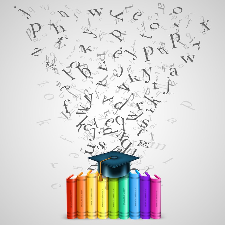 Vector boeken kleuren met vliegende letters. vectorillustratie