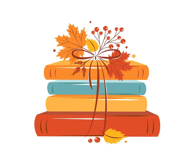 Boeken met heldere herfstbladeren op witte achtergrond Ontwerp voor kaart of promotieposter
