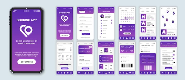 Boeken mobiele app interface schermen sjabloon set Online account inloggen hotel of vliegticket bestelling locatie op kaart instellingen Pack van UI UX GUI kit voor toepassing web lay-out Vector ontwerp