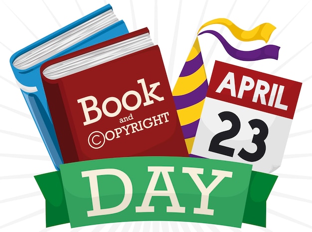 Vector boekenfeestkalender en lint klaar om de dag van het boek en het auteursrecht op 23 april te vieren