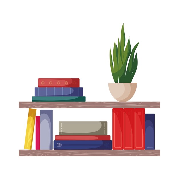 Boekenplank met boeken en potplant