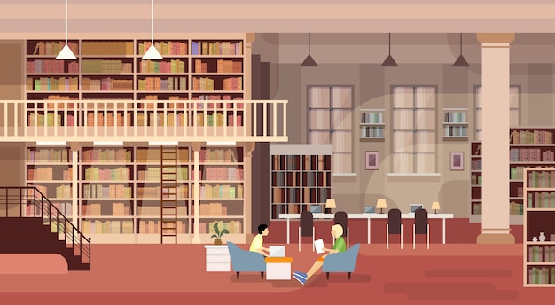 Vector boekenrekken bibliotheekinterieur